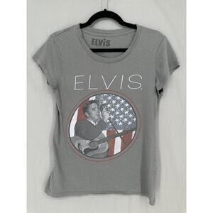 Elvis Shirt Womens Large Gray Baby Tee Fitted American Flag Graphic Presley